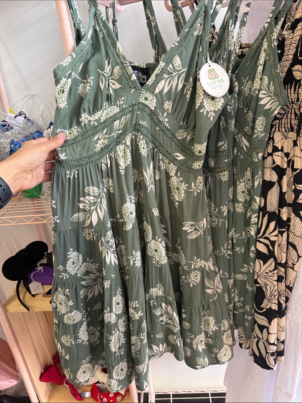 Olive Green Floral Lace-Detail Sundress - Picture 3 of 4
